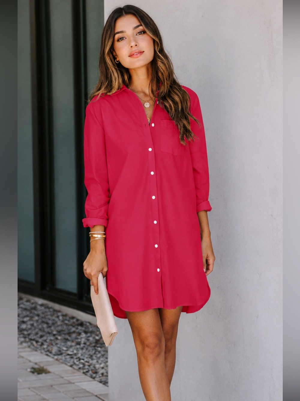 Women's Button-Front Shirt Dress in red size Large NEW